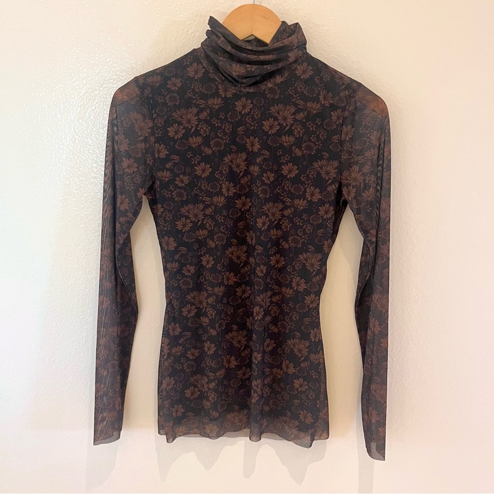Ganni Sheer Dark Floral Turtleneck Top Size EU 36 NWT
